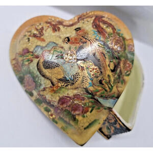 Vintage  Trinket Box Dish Royal Satsuma   Shape Asian Heavy Ornate Birds Hearts